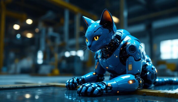 A photograph of a sleek blue robotic cat interacting with its industrial environment