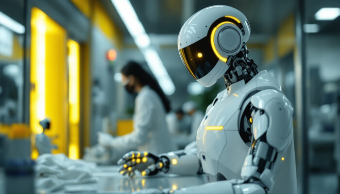 A photograph of a sleek hospital robot in action