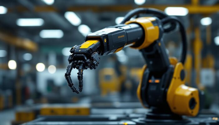 A photograph of a sleek industrial robotic arm in action