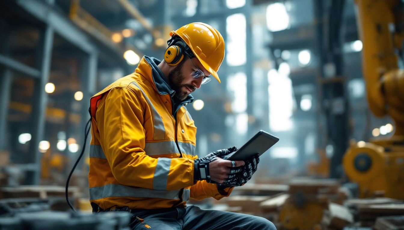 A photograph of a skilled worker operating an industrial robot on a construction site in boston