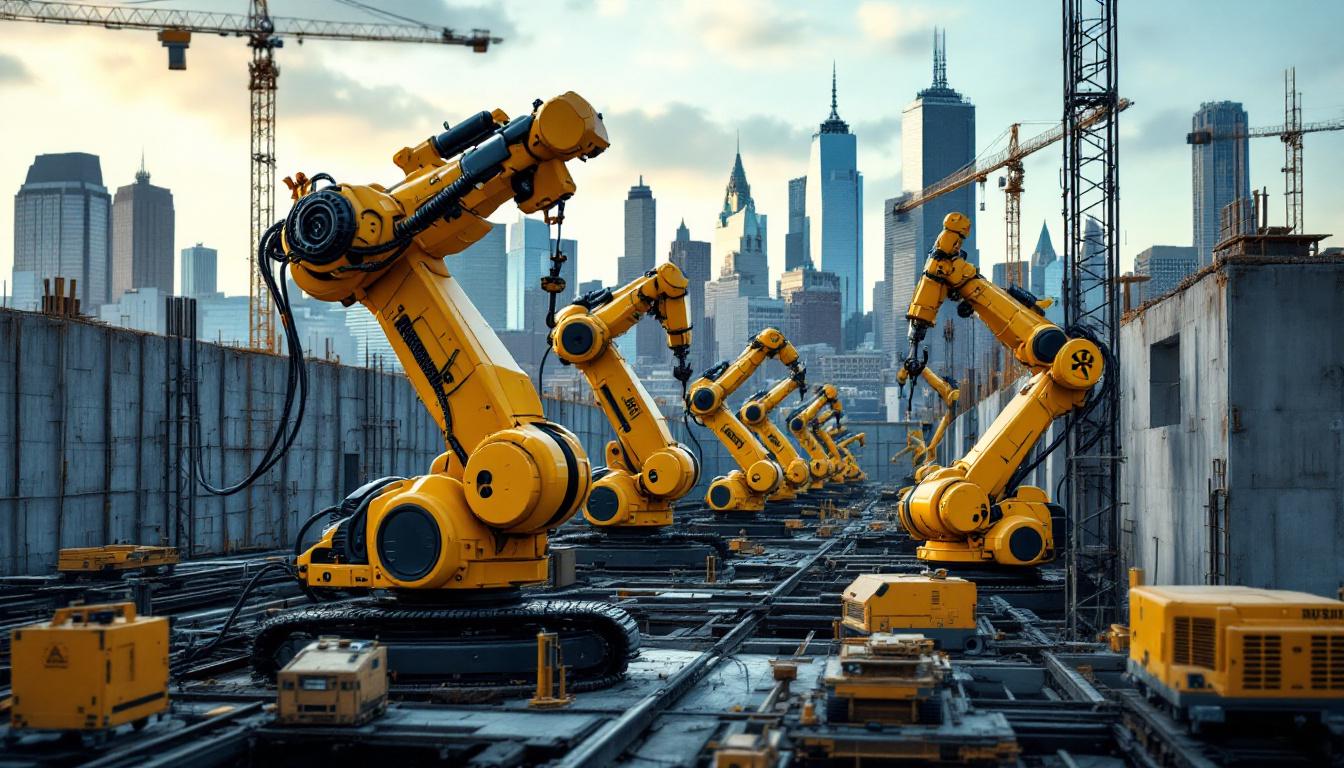 A photograph of a dynamic construction site in boston where industrial robots are actively engaged in building tasks