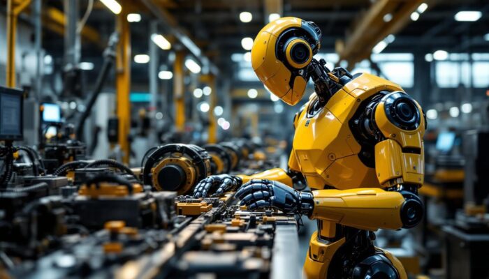 A photograph of a sleek industrial robot in action within a manufacturing setting