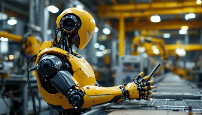 A photograph of a humanoid robot in an industrial setting