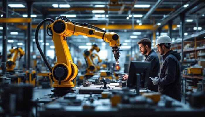 A photograph of a dynamic industrial robotics workspace