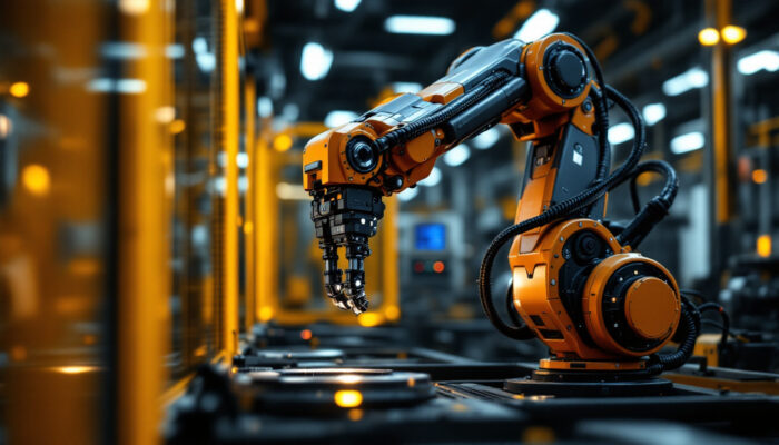 A photograph of a sleek industrial robotic arm in action