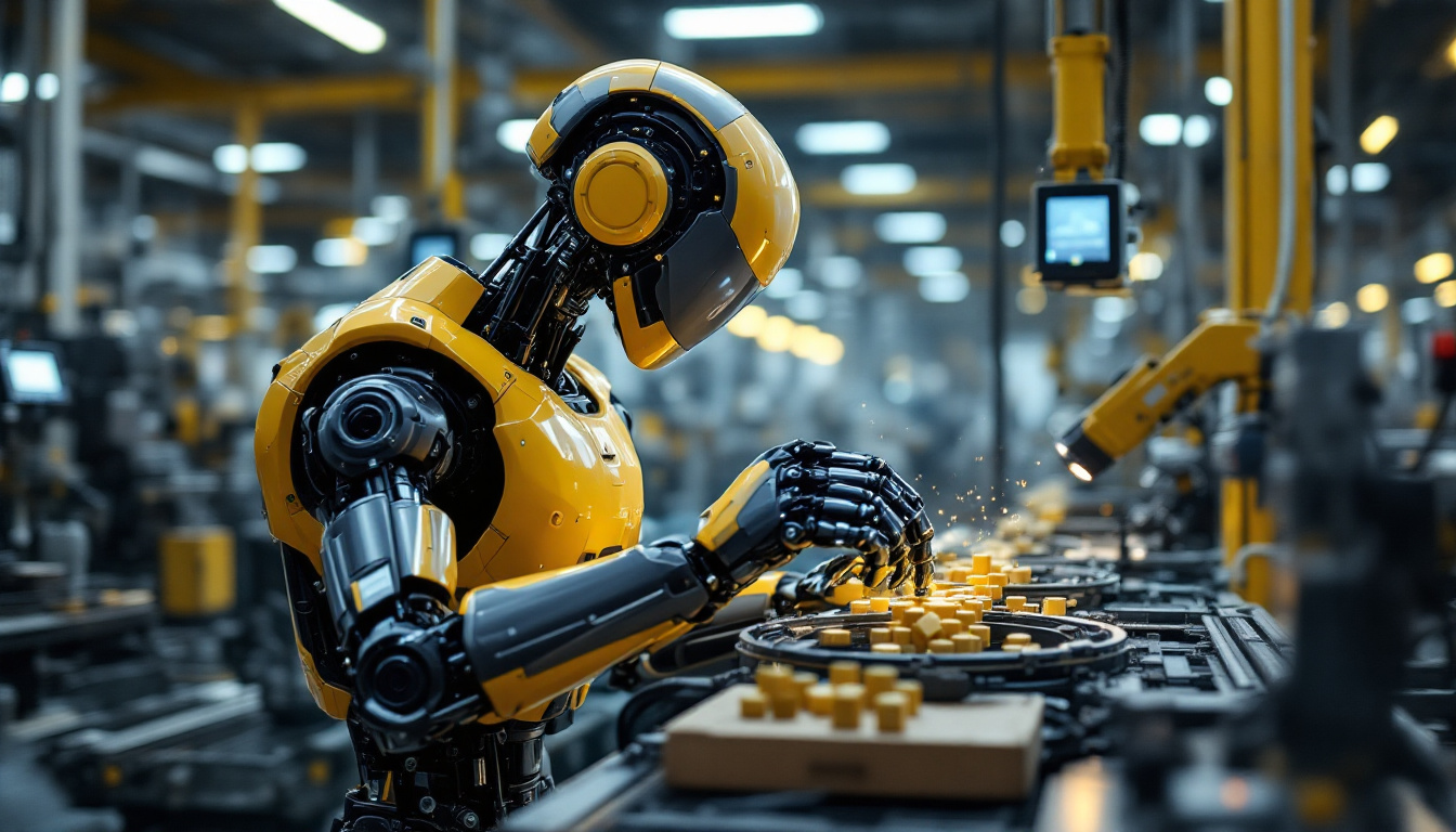 A photograph of a sleek industrial robot in action within a modern manufacturing environment