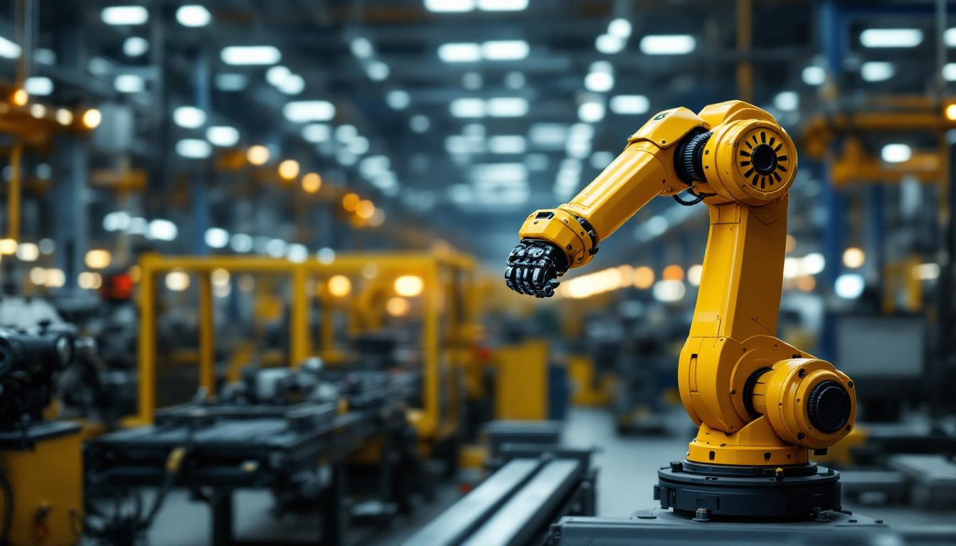 A photograph of a sleek industrial robotic arm in action within a modern manufacturing facility