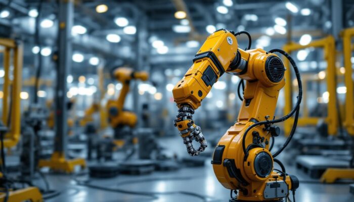 A photograph of a robotic arm in action within a high-tech industrial setting