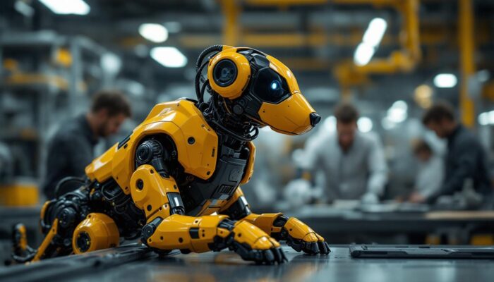 A photograph of a sleek industrial robotic dog in an automated workspace
