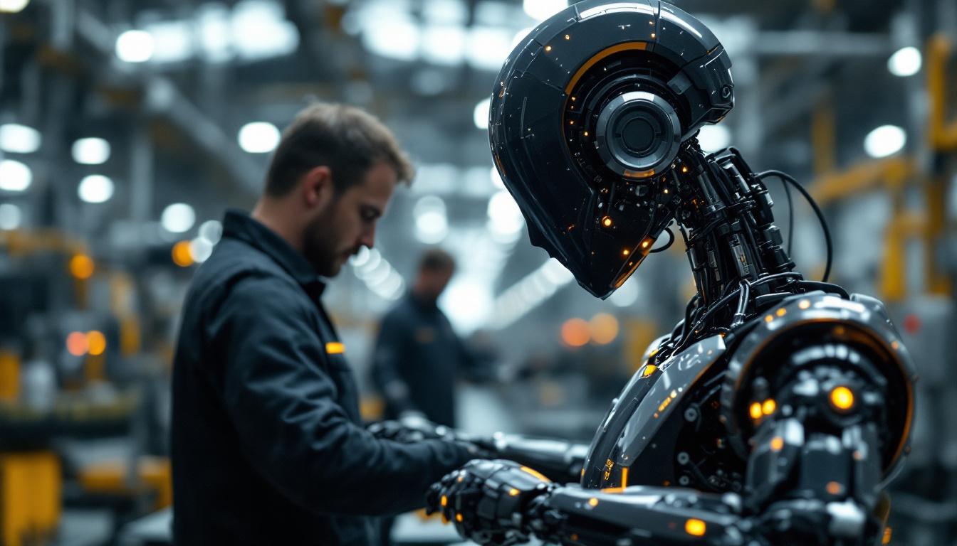 A photograph of a sleek industrial robot in action on a factory floor