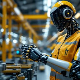 A photograph of a sleek industrial robot in action within a modern manufacturing facility