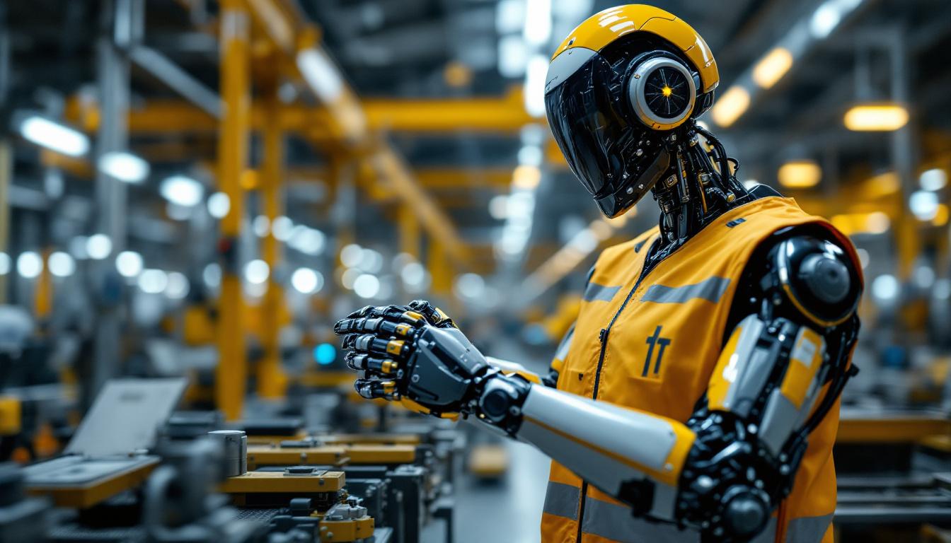 A photograph of a sleek industrial robot in action within a modern manufacturing facility