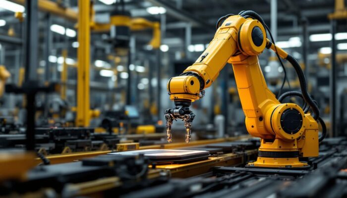 A photograph of a sleek industrial robotic arm in action