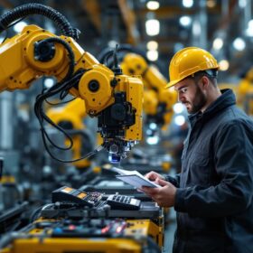 A photograph of a dynamic industrial setting featuring a skilled electrical engineer working alongside advanced robotic machinery