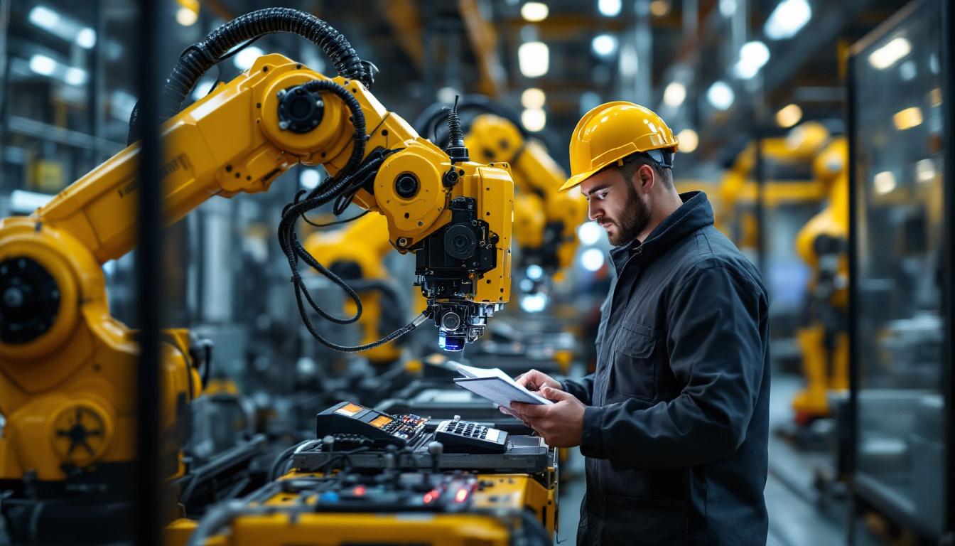A photograph of a dynamic industrial setting featuring a skilled electrical engineer working alongside advanced robotic machinery