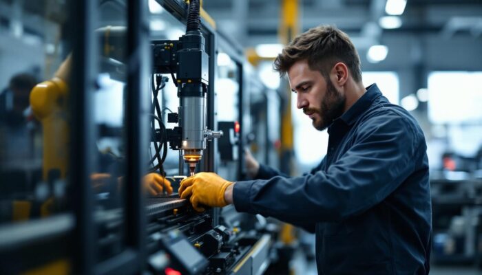 A photograph of a skilled technician working on an industrial robotic laser cutting machine