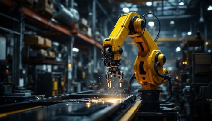 A photograph of a dynamic industrial robot in action within a boston-based manufacturing facility