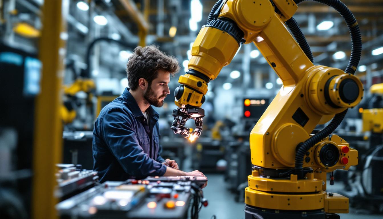 A photograph of a skilled technician programming or operating an industrial robotic arm in a modern manufacturing environment