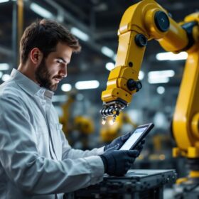 A photograph of capture a photograph of a skilled technician programming or operating an industrial robotic arm in a modern manufacturing setting