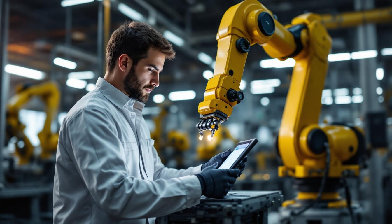 A photograph of capture a photograph of a skilled technician programming or operating an industrial robotic arm in a modern manufacturing setting