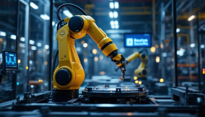 A photograph of a sleek industrial robotic arm in action within a high-tech manufacturing environment