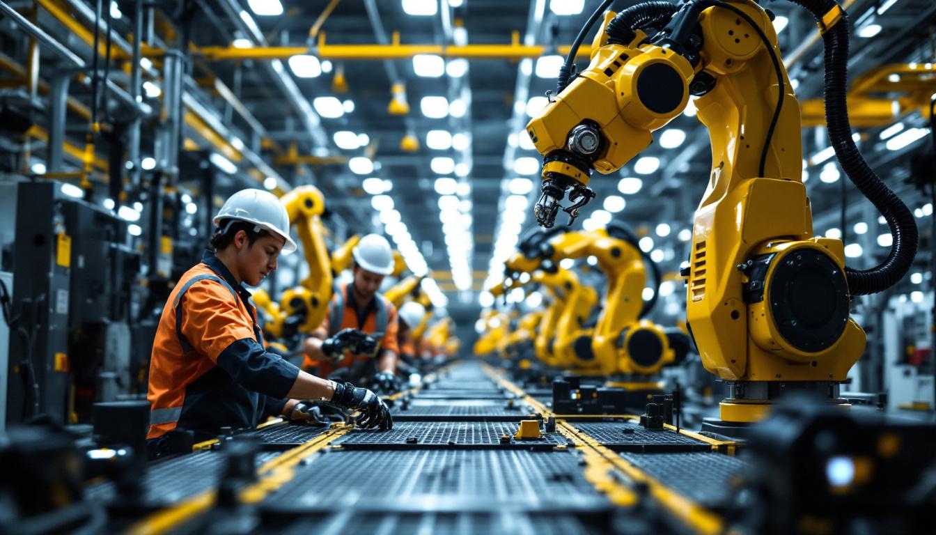 A photograph of a hyundai factory floor showcasing industrial robots in action