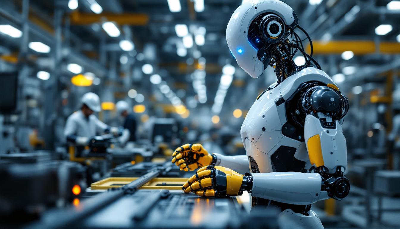 A photograph of a modern industrial robot in action within a high-tech manufacturing environment