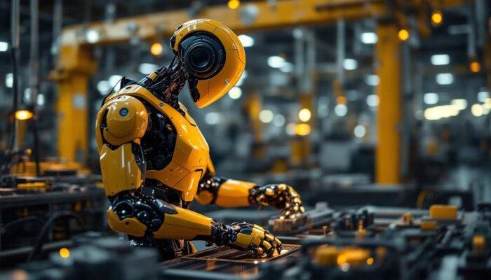 A photograph of a sleek industrial robot in action within a manufacturing environment