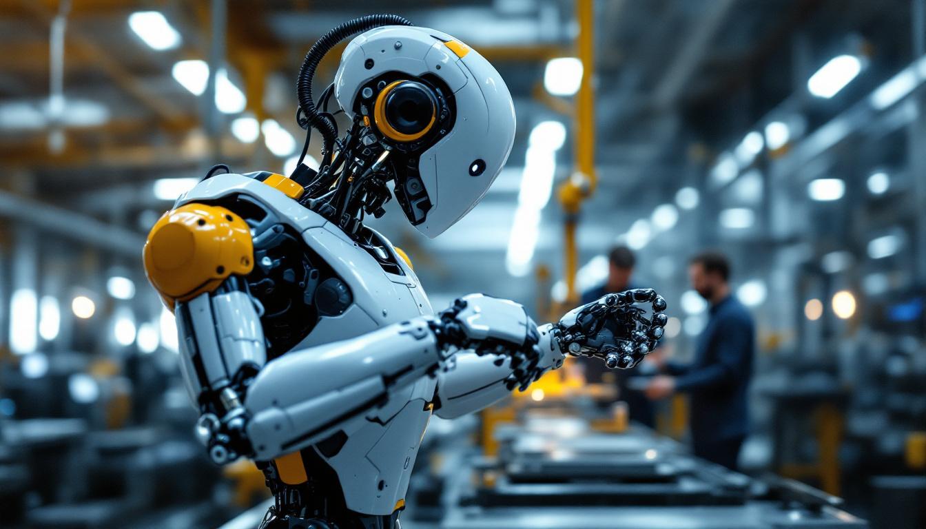 A photograph of a dynamic industrial robot in action within a modern manufacturing environment