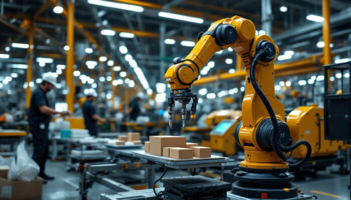 A photograph of a sleek industrial robotic arm in action