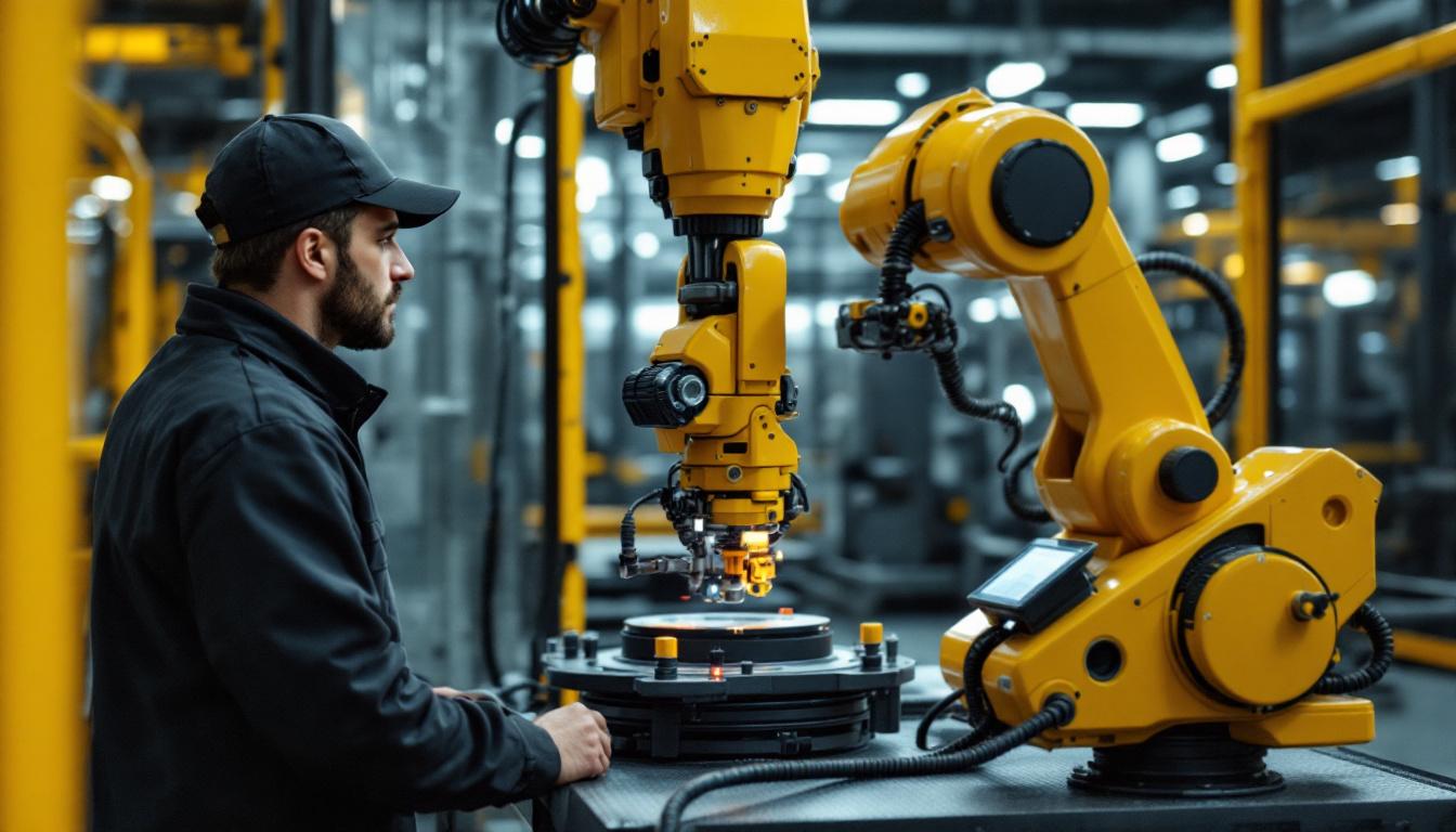 A photograph of a skilled technician programming or operating an industrial robot in a modern manufacturing environment