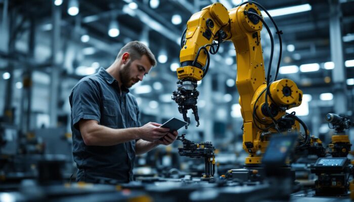 A photograph of a skilled technician assembling or programming an industrial robotic arm
