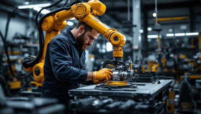 A photograph of a skilled machinist operating an industrial robotic arm in a modern workshop
