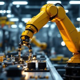 A photograph of a sleek industrial robotic arm in action within a modern manufacturing facility