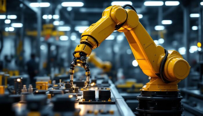 A photograph of a sleek industrial robotic arm in action within a modern manufacturing facility