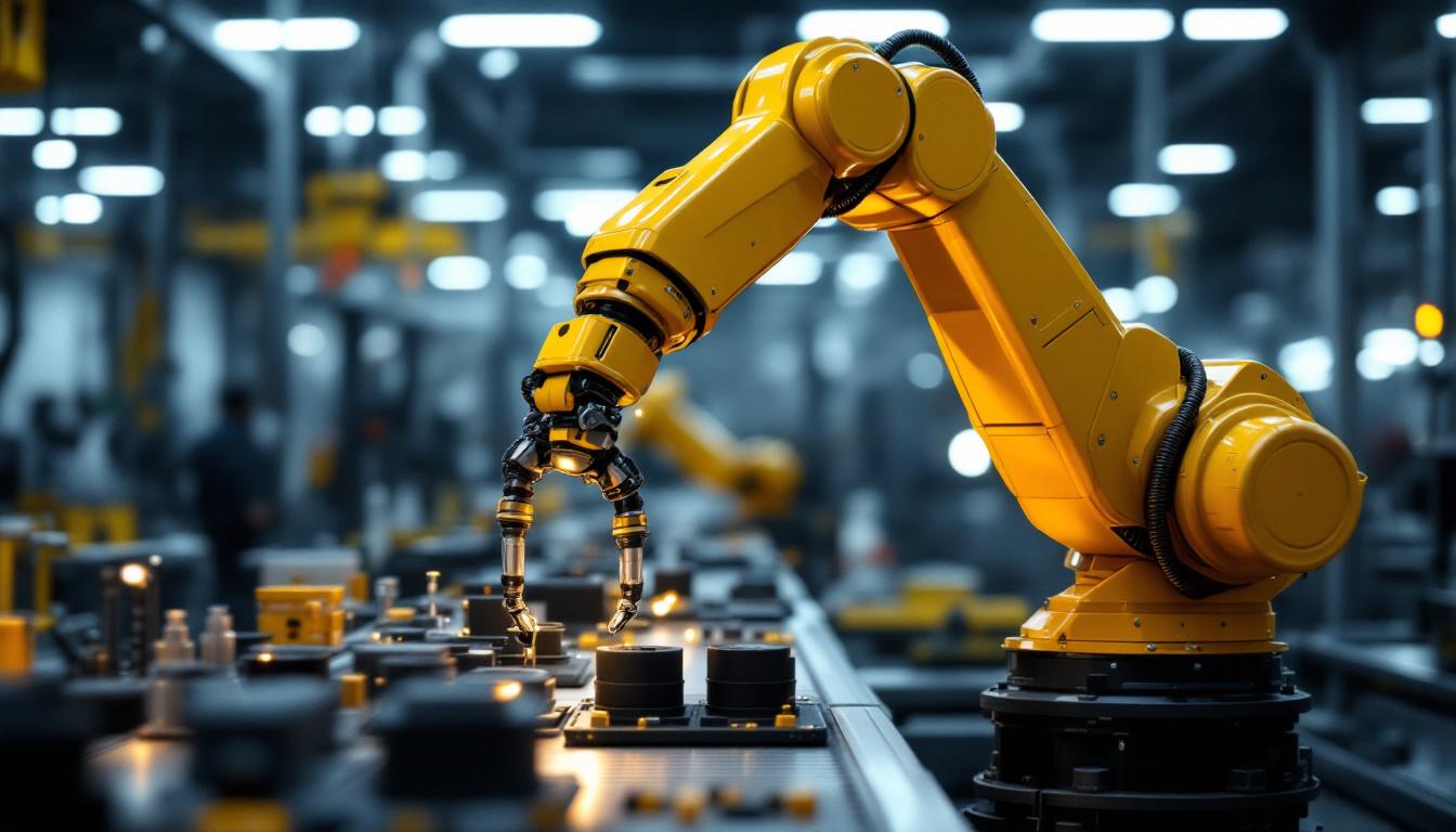 A photograph of a sleek industrial robotic arm in action within a modern manufacturing facility