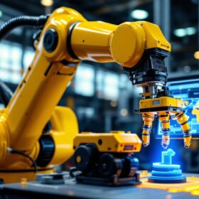 A photograph of a robotic arm equipped with a lidar sensor in an industrial setting