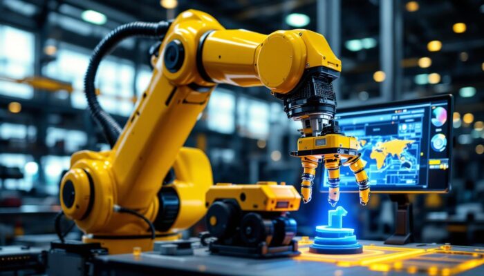 A photograph of a robotic arm equipped with a lidar sensor in an industrial setting