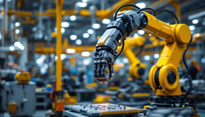 A photograph of a sleek industrial robotic arm in action