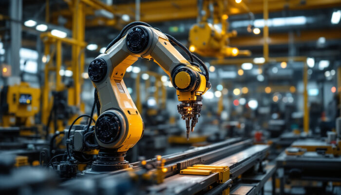 A photograph of a sleek industrial robotic arm in action
