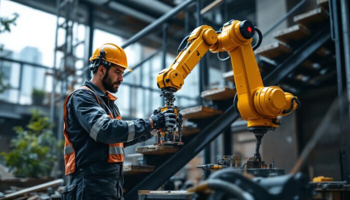 A photograph of a skilled worker using an industrial robotic arm to construct outdoor stairs