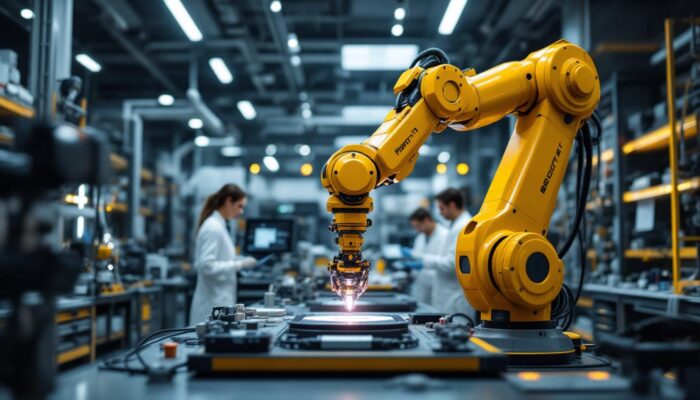 A photograph of a sleek industrial robotic arm in action within a modern boston laboratory setting