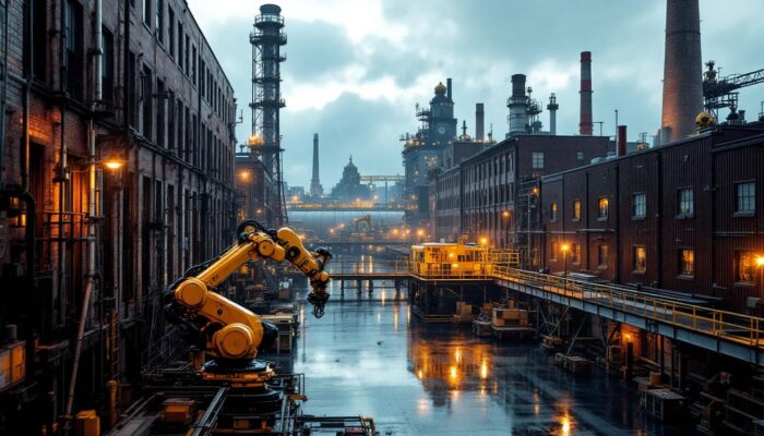 A photograph of capture a photograph of a vibrant massachusetts industrial landscape featuring a blend of historic manufacturing buildings and modern robotic technology in action