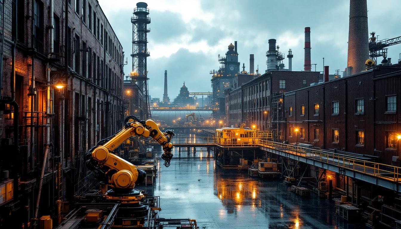 A photograph of capture a photograph of a vibrant massachusetts industrial landscape featuring a blend of historic manufacturing buildings and modern robotic technology in action