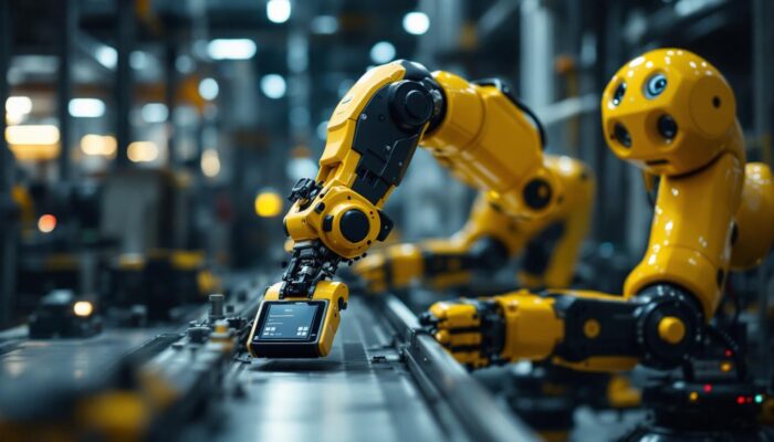 A photograph of a sleek industrial robot in action within a manufacturing environment