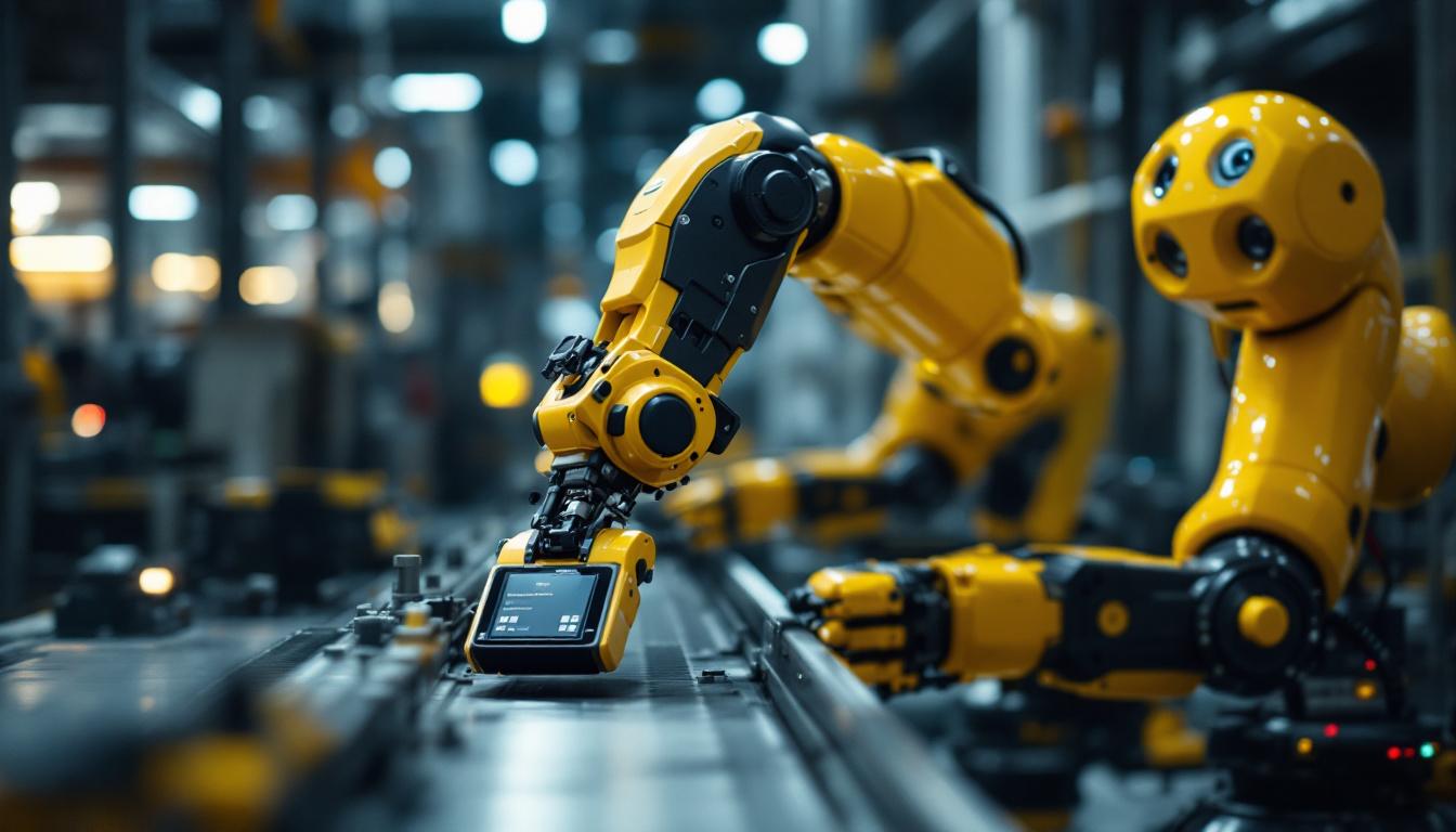 A photograph of a sleek industrial robot in action within a manufacturing environment