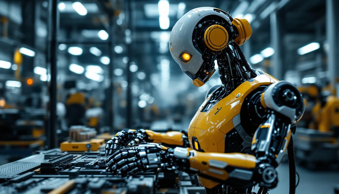 A photograph of a sleek industrial robot in action within a modern manufacturing environment