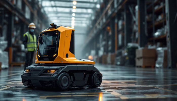 A photograph of a rugged outdoor setting featuring an industrial agv (automated guided vehicle) in action