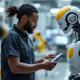 A photograph of a boston medical center employee interacting with an industrial robot in a healthcare setting