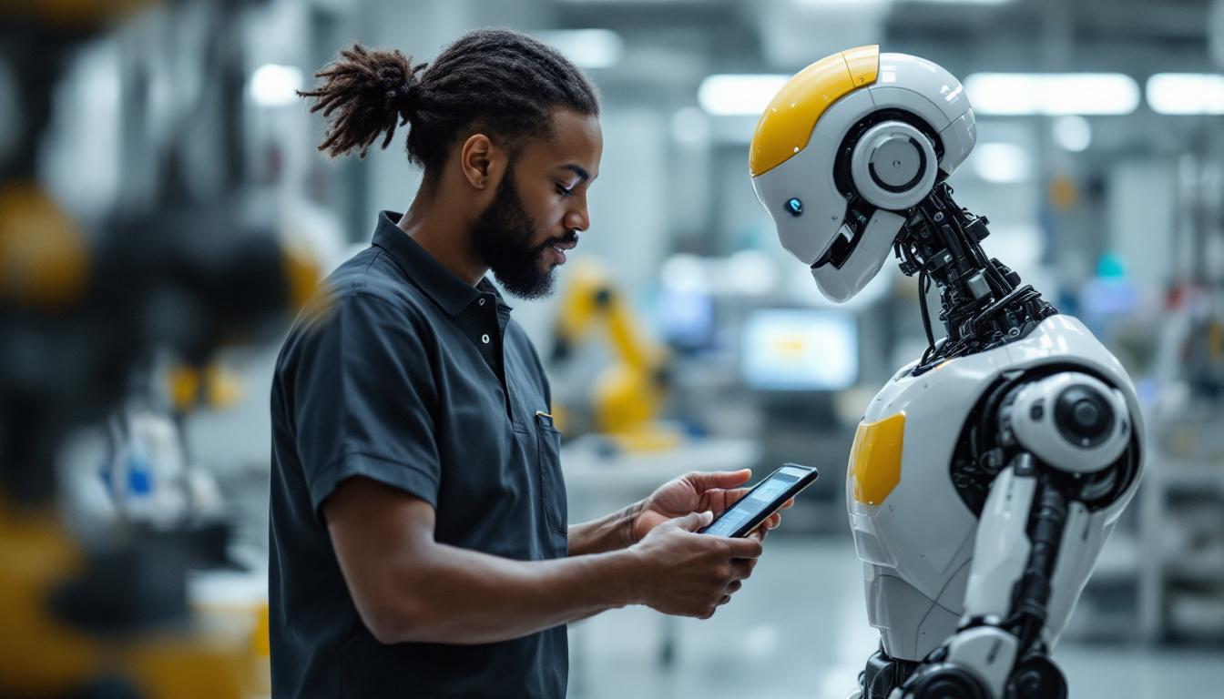A photograph of a boston medical center employee interacting with an industrial robot in a healthcare setting